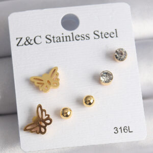 316L Çelik Gold Renk Zirkon Taşlı Kelebek Figür Kadın Küpe Seti BKP10007