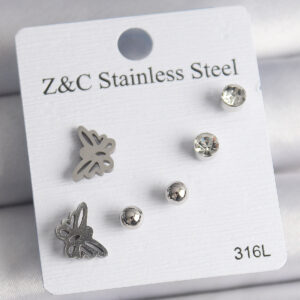 316L Çelik Gümüş Renk Zirkon Taşlı Kelebek Model Kadın Küpe Seti BKP10008