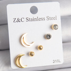 316L Çelik Gold Renk Zirkon Taşlı Hilal Model Kadın Küpe Seti BKP10009