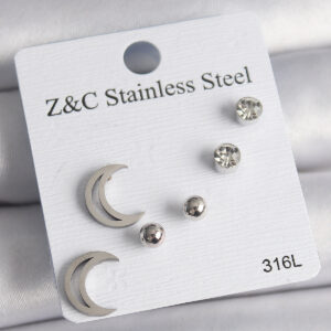 316L Çelik Gümüş Renk Zirkon Taşlı Hilal Model Kadın Küpe Seti BKP10010