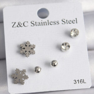 316L Çelik Gümüş Renk Zirkon Taşlı Kar Tanesi Model Kadın Küpe Seti BKP10014