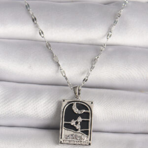 316L Çelik Gümüş Renk Zirkon Taşlı Ay Figürlü Taror Model Kadın Kolye BKO9685