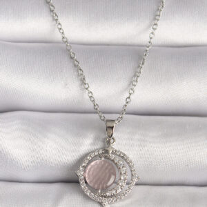 316L Çelik Gümüş Renk Zirkon Taşlı Pembe Sedefli Hilal Model Kadın Kolye BKO9701