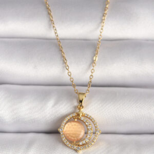 316L Çelik Gold Renk Zirkon Taşlı Turuncu Sedefli Hilal Model Kadın Kolye BKO9704