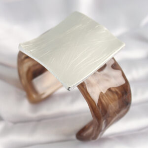 Kahverengi Mermer Desen Akrilik Plastik Gümüş Kare Plaka Model Vintage Kadın Bilezik BB6672