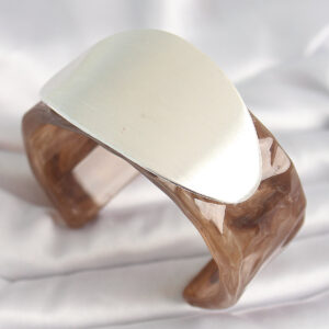 Kahverengi Mermer Desen Akrilik Plastik Gümüş Oval Plaka Model Vintage Kadın Bilezik BB6674