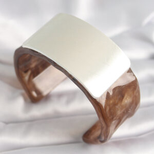 Kahverengi Mermer Desen Akrilik Plastik Gümüş Dikdörtgen Plaka Vintage Kadın Bilezik BB6676