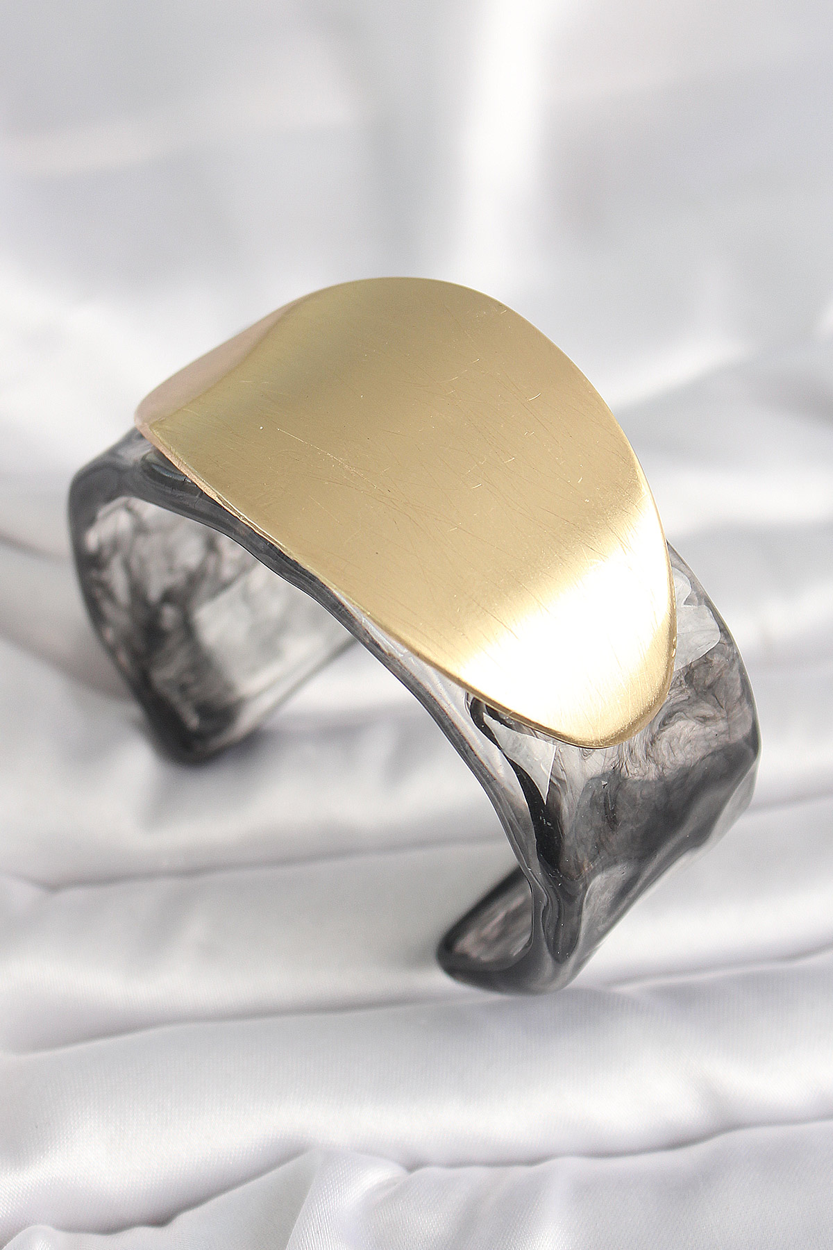 Siyah Mermer Desen Akrilik Plastik Gold Oval Plaka Model Vintage Kadın Bilezik BB6683