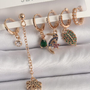 Pirinç Gold Renk Sallantı Zirkon Taşlı Ağaç Figür Kadın Küpe Seti BKP10118