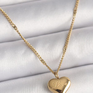 316L Çelik Gold Renk Zincir Love İşlemeli Kalp Figür Kadın Kolye BKO9778