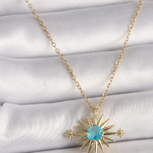 316L Çelik Gold Renk Zincir Mavi Taş Detaylı Kuzey Yıldız Model Kadın Kolye BKO9806