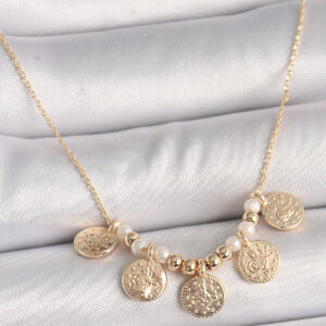 Pirinç Gold Renk 5'Li Osmanlı Tuğra Figür İnci Detay Kadın Kolye BKO9825