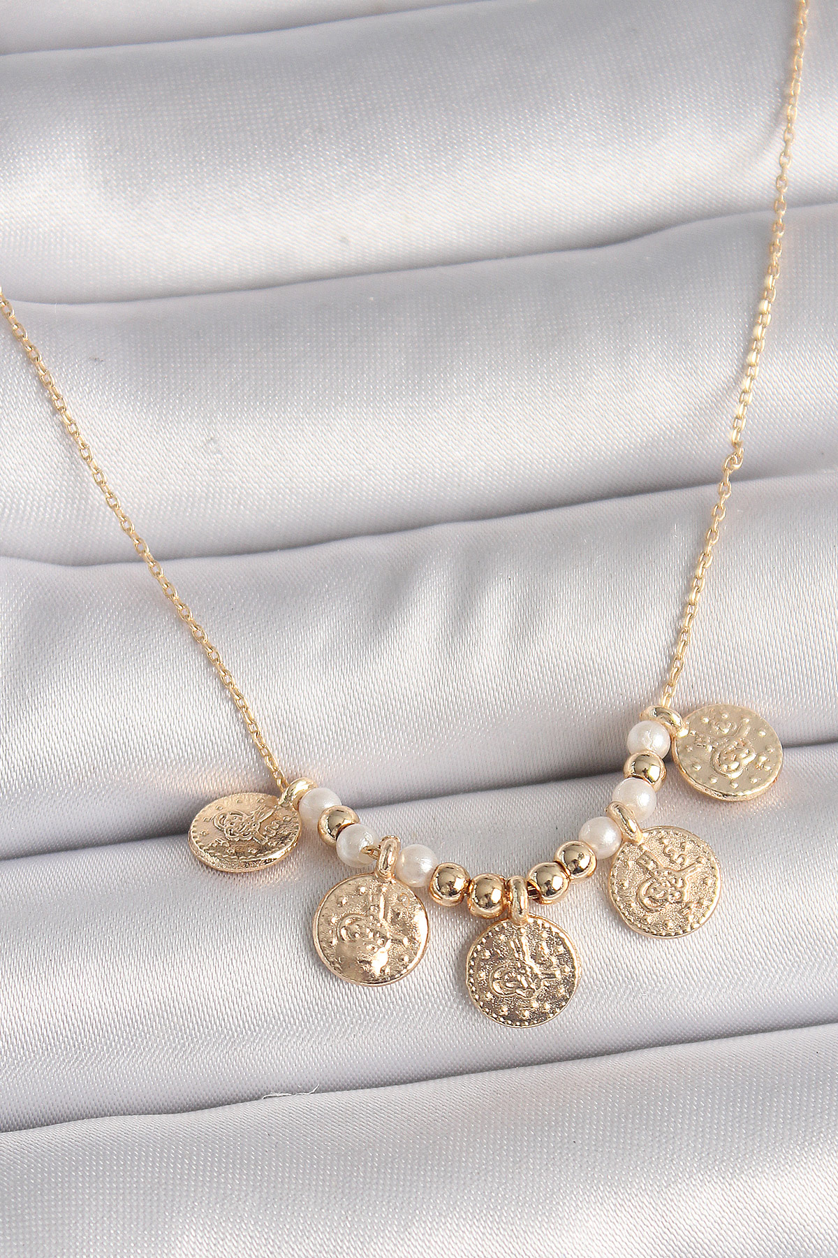 Pirinç Gold Renk 5'Li Osmanlı Tuğra Figür İnci Detay Kadın Kolye BKO9825