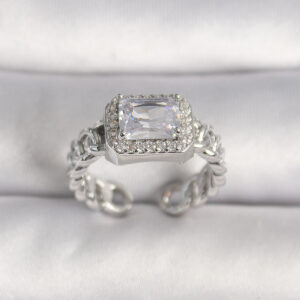 Pirinç Gümüş Renk Ayarlanabilir Zincir Kare Zirkon Taşlı Kadın Yüzük BYK3583