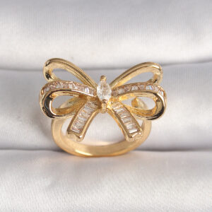 Pirinç Gold Renk Ayarlanabilir Zirkon Taşlı Kurdele Model Kadın Yüzük BYK3592