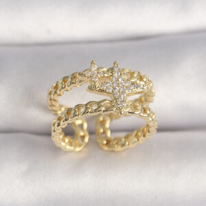 Pirinç Gold Renk 2'Li Zincir Zirkon Taşlı Yıldız Figür Kadın Yüzük BYK3594