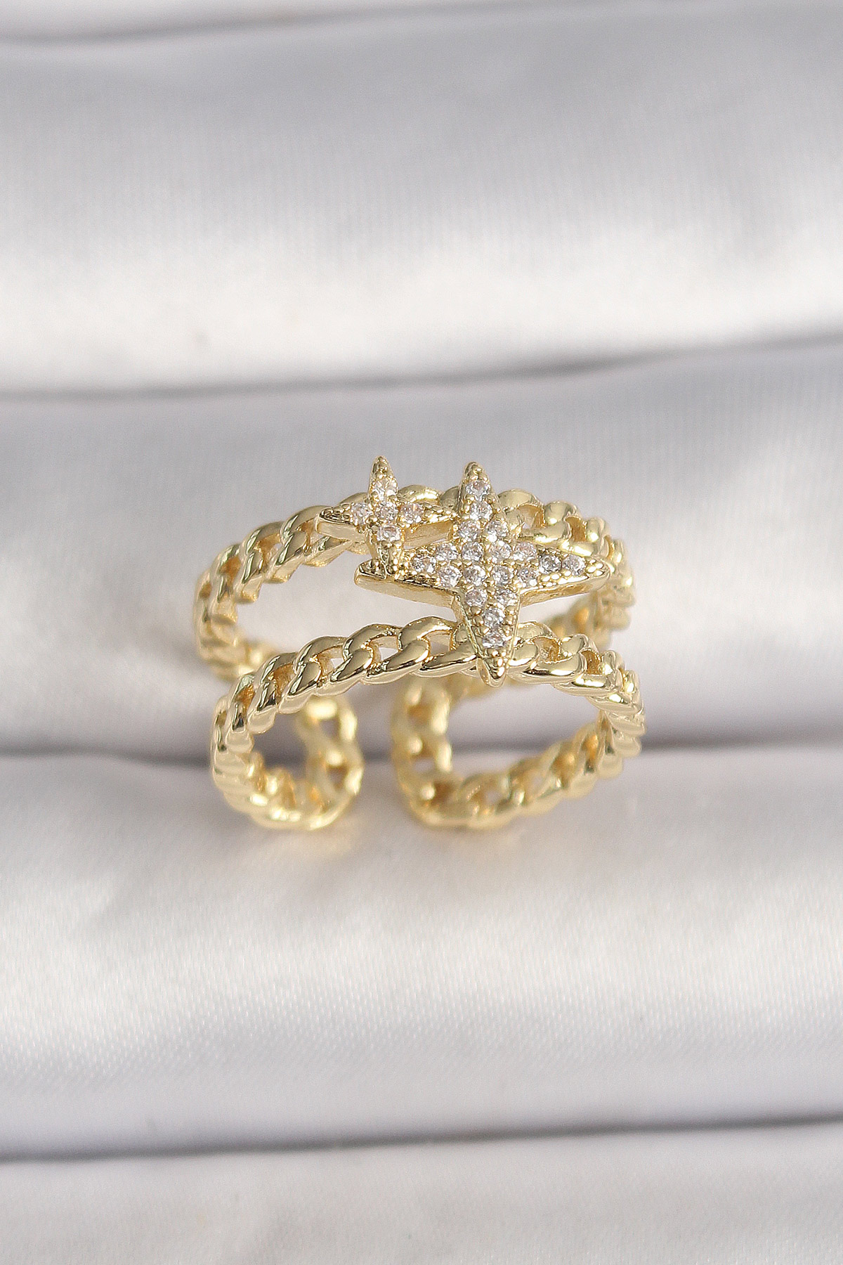 Pirinç Gold Renk 2'Li Zincir Zirkon Taşlı Yıldız Figür Kadın Yüzük BYK3594