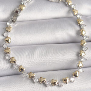 Pirinç Gümüş Renk Zirkon Taşlı Gold Kalpli VIP Seri Kadın Bileklik BB6714