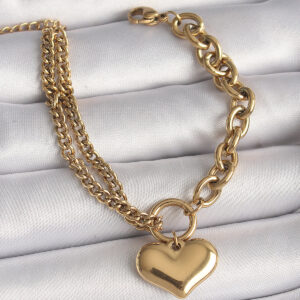 Kalbinle 316L Çelik Gold Renk 2'Li Zincir Model Kalp Figür Kadın Bileklik BB6727