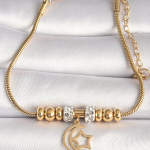 316L Çelik Gold Renk Tüp Zincir Zirkon Taş Detaylı Sallantı Ay Yıldız Figür Kadın Bileklik BB6759