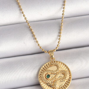 316L Çelik Gold Renk Topçuk Zincir Yılan İşlemeli Zirkon Taş Detaylı Madalyon Model Kadın Kolye BKO9844