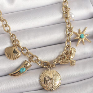 316L Çelik Gold Renk Zincir Sallantılı Çoklu Figür Model Kadın Kolye BKO9849