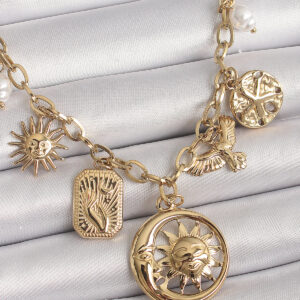 316L Çelik Gold Renk Halka Zincir Sallantı Ay Güneş Figür Kuş Detay Kadın Kolye BKO9850