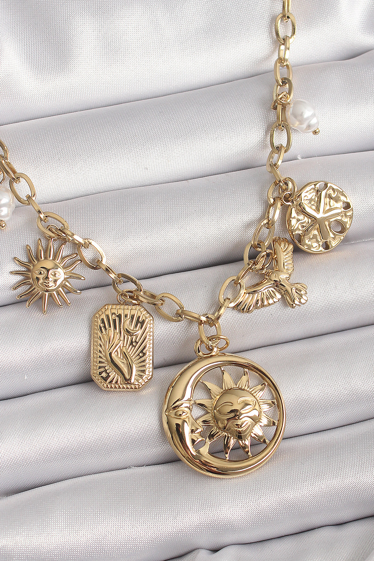 316L Çelik Gold Renk Halka Zincir Sallantı Ay Güneş Figür Kuş Detay Kadın Kolye BKO9850