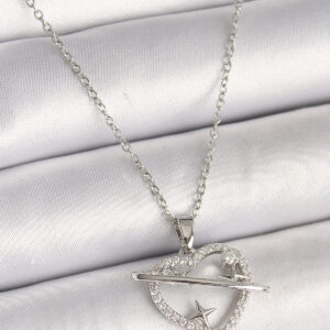 316L Çelik Gümüş Renk Zincir Zirkon Taşlı Kalp Model Yıldız Detay Kadın Kolye BKO9860