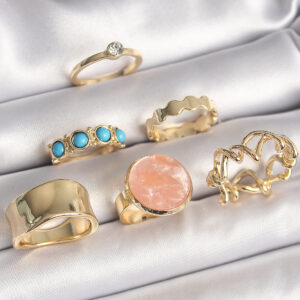 Pirinç Gold Renk Daire Pembe Mineli Zirkon Taş Detaylı 6'Lı Kadın Yüzük Seti BYK3610