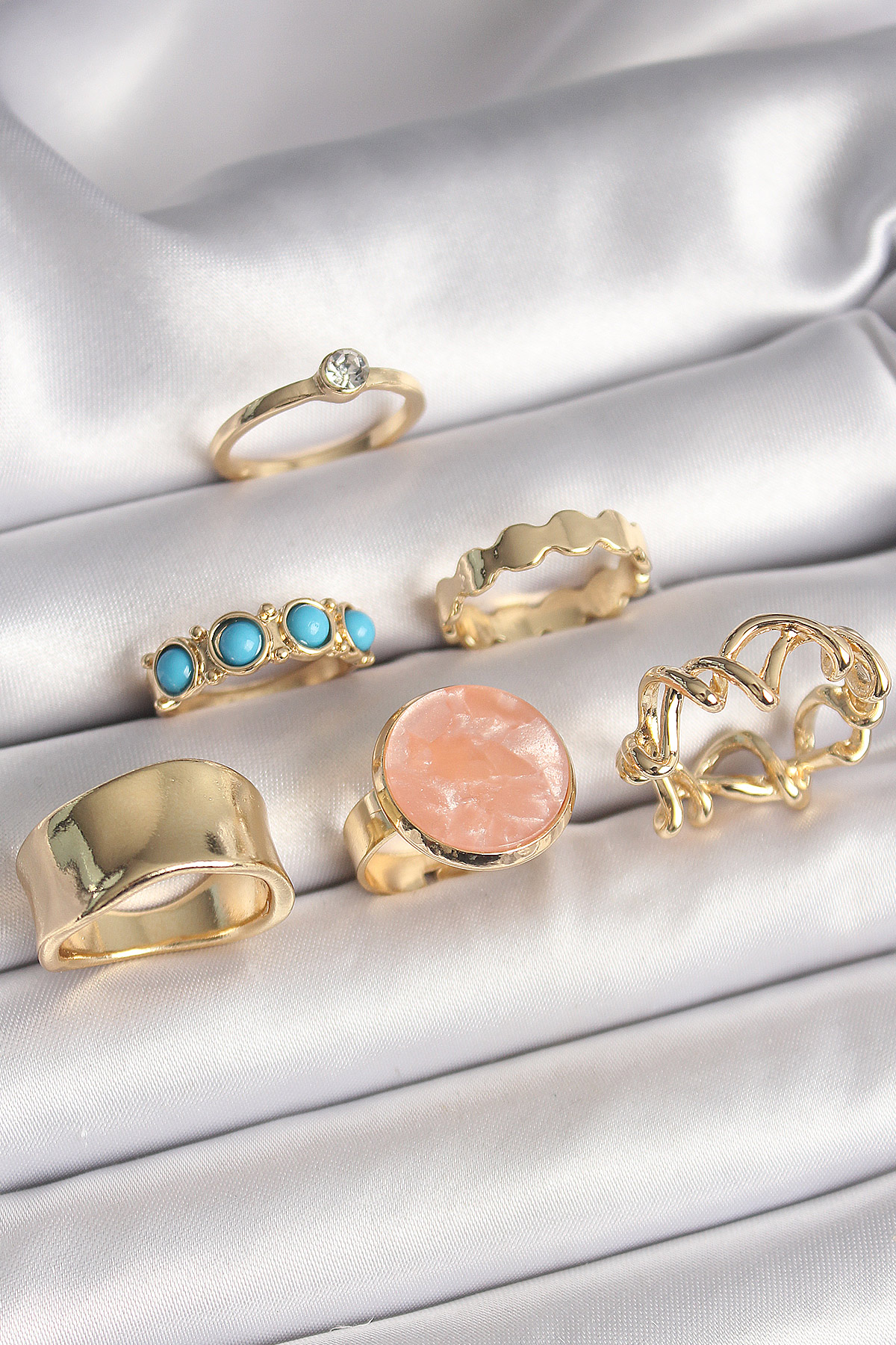 Pirinç Gold Renk Daire Pembe Mineli Zirkon Taş Detaylı 6'Lı Kadın Yüzük Seti BYK3610