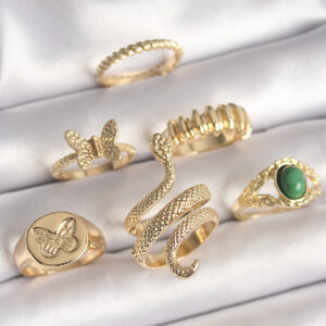 Pirinç Gold Renk İşlemeli Yılan Model Kelebek Detay 6'Lı Kadın Yüzük Seti BYK3611