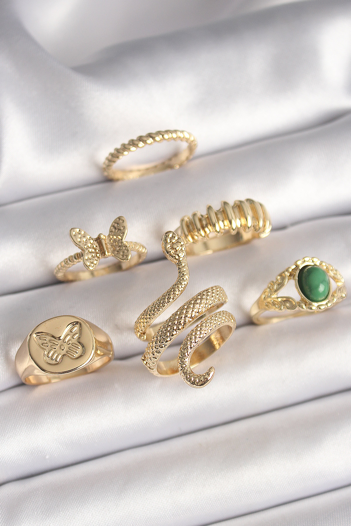 Pirinç Gold Renk İşlemeli Yılan Model Kelebek Detay 6'Lı Kadın Yüzük Seti BYK3611