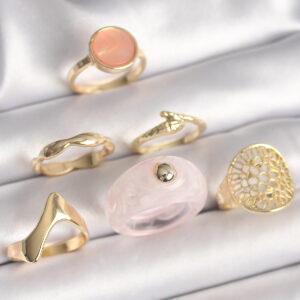 Pirinç Gold Renk Pembe Plastik Yüzük Model Daire Pembe Mine Yılan Detay 6'Lı Kadın Yüzük Seti BYK3613