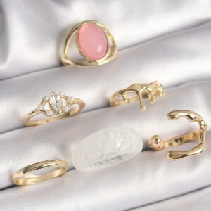 Pirinç Gold Renk Zirkon Taş Detaylı Pembe Mineli 6'Lı Kadın Yüzük Seti BYK3619