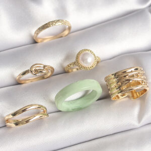 Pirinç Gold Renk Düğüm Model İncili İşlemeli Plaka Model 6'Lı Kadın Yüzük Seti BYK3621