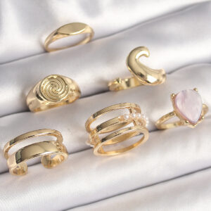 Pirinç Gold Renk Pembe Damla Mineli Sarmal İşleme Detaylı 6'Lı Kadın Yüzük Seti BYK3628