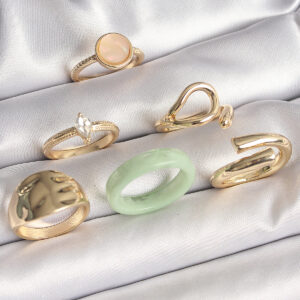 Pirinç Gold Renk Zirkon Taşlı Daire Pembe Mineli Detay 6'Lı Kadın Yüzük Seti BYK3630