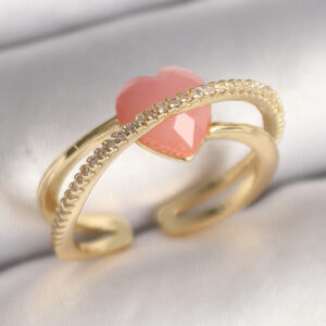 Pirinç Gold Renk Pembe Kristal Kalp Model Zirkon Taş Detaylı Kadın Yüzük BYK3645