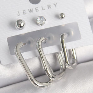 Pirinç Gümüş Renk Halka Model Zirkon Taşlı Topçuk Detay Kadın Küpe Seti BKP10313