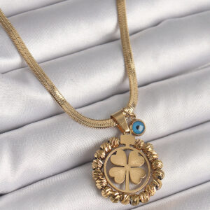 316L Çelik Gold Renk İtalyan Zincir Dorika Yonca Model Nazar Boncuk Detay Kadın Kolye BKO9875