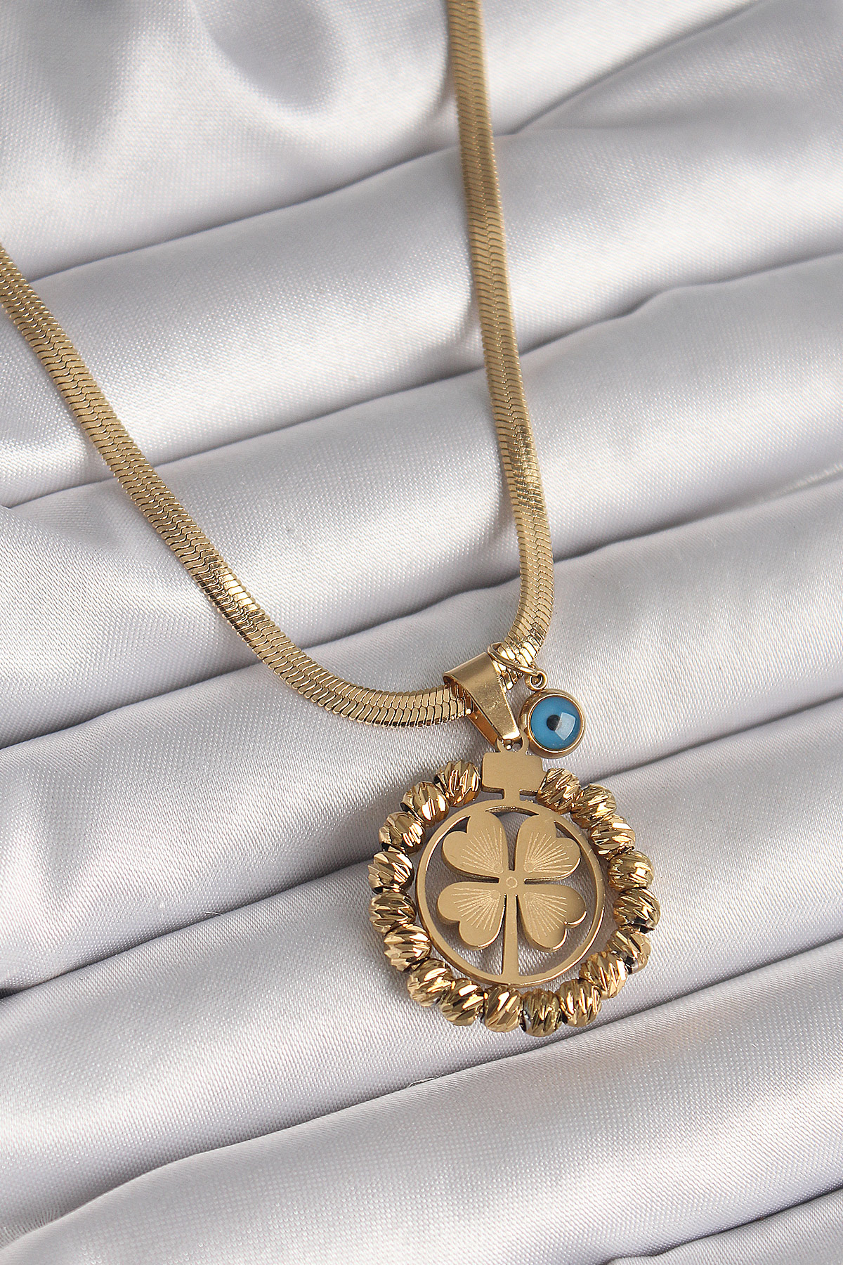 316L Çelik Gold Renk İtalyan Zincir Dorika Yonca Model Nazar Boncuk Detay Kadın Kolye BKO9875