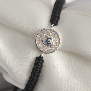 Pirinç Gümüş Renk Zirkon Taşlı Nazar Boncuk İşleme Makrome Asansörlü Model Kadın Bileklik BB6787