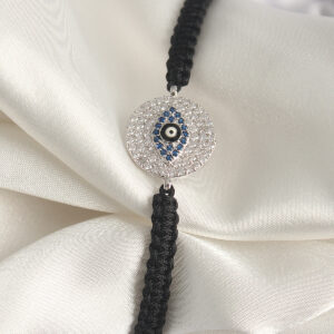 Pirinç Gümüş Renk Zirkon Taşlı Göz İşlemeli Figür Asansörlü Makrome Model Kadın Bileklik BB6793