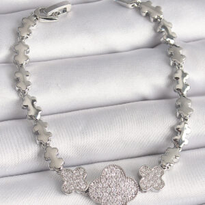 Pirinç Gümüş Renk Zirkon Taşlı Yonca Model Zincir Model Kadın Bileklik BB6823