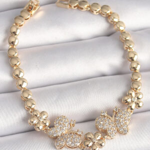 Pirinç Gold Renk Zirkon Taşlı Kelebek Figür Çiçek Zincir Model Kadın Bileklik BB6826