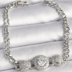 Pirinç Gümüş Renk Zirkon Taşlı Leopar Figür Zincir Model Kadın Bileklik BB6829