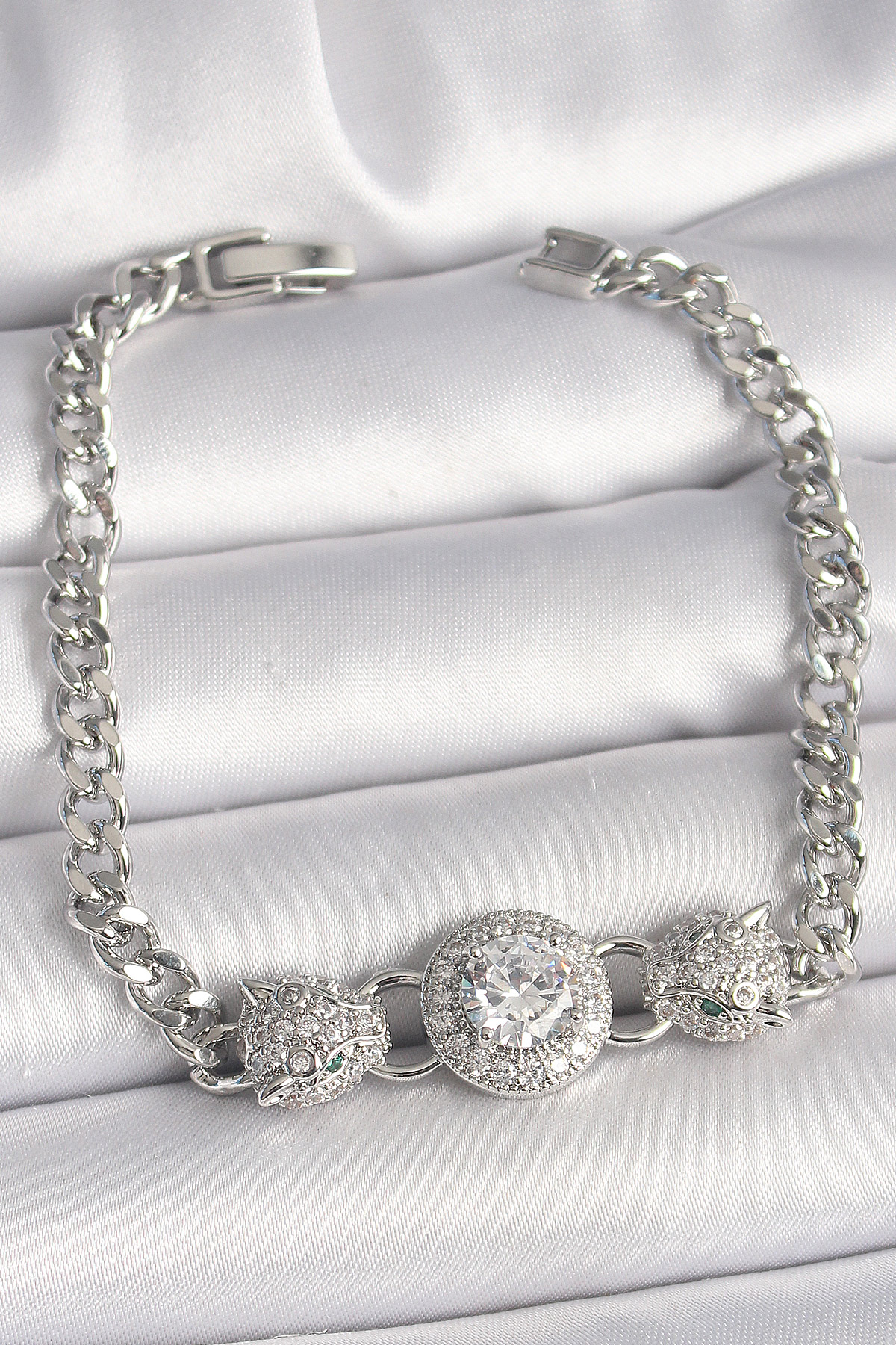 Pirinç Gümüş Renk Zirkon Taşlı Leopar Figür Zincir Model Kadın Bileklik BB6829