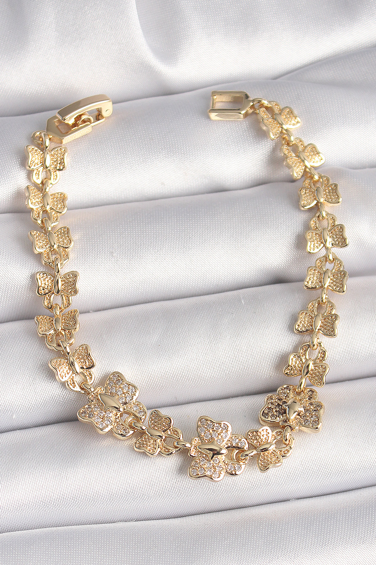 Pirinç Gold Renk Zirkon Taşlı Kelebek Model Zincir Kadın Bileklik BB6834