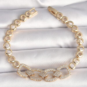 Pirinç Gold Renk Zirkon Taşlı Daire Zincir Model Kadın Bileklik BB6842